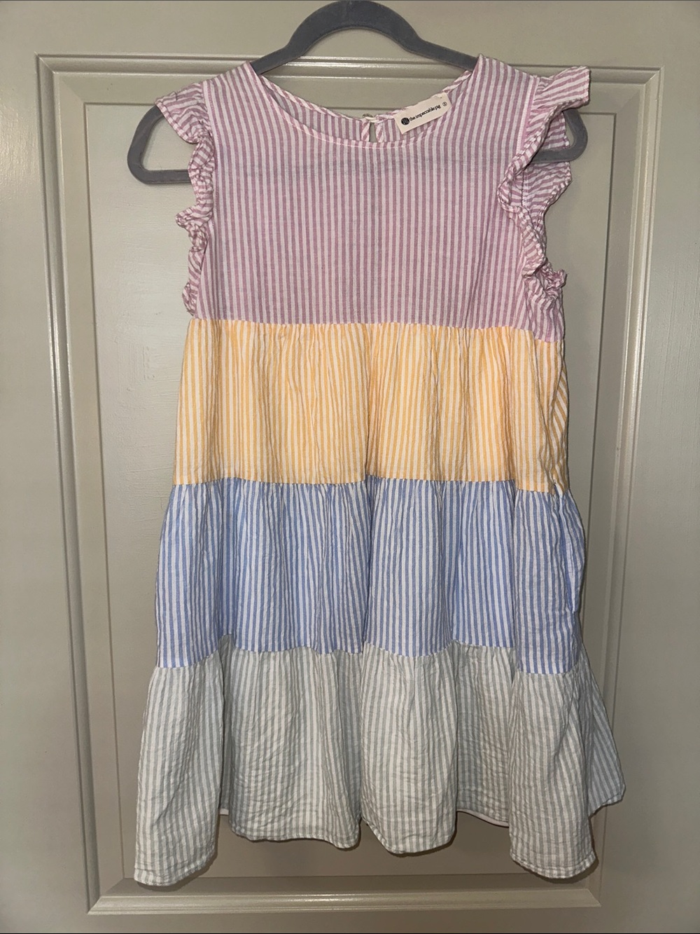 The Impeccable Pig Pastel Tiered Striped Mini Dress - Pink, Yellow, Blue, Cream